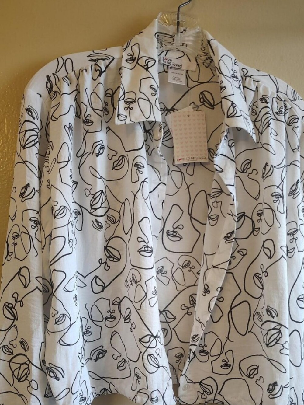 Women's White Button-Down Shirt with Black Abstract Face Print